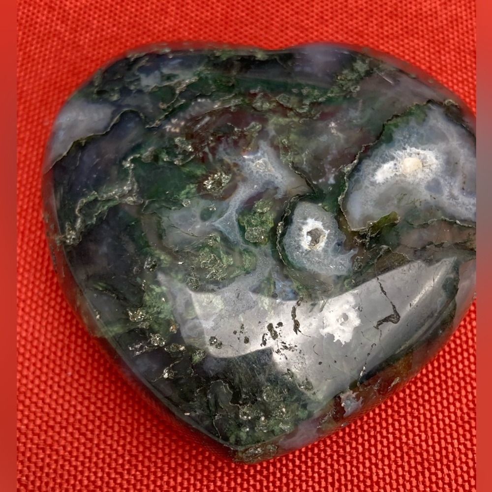 Polished moss agate heart palmstone crystal